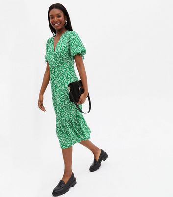 Cameo Rose Green Floral Tie Sleeve Midi Wrap Dress | New Look